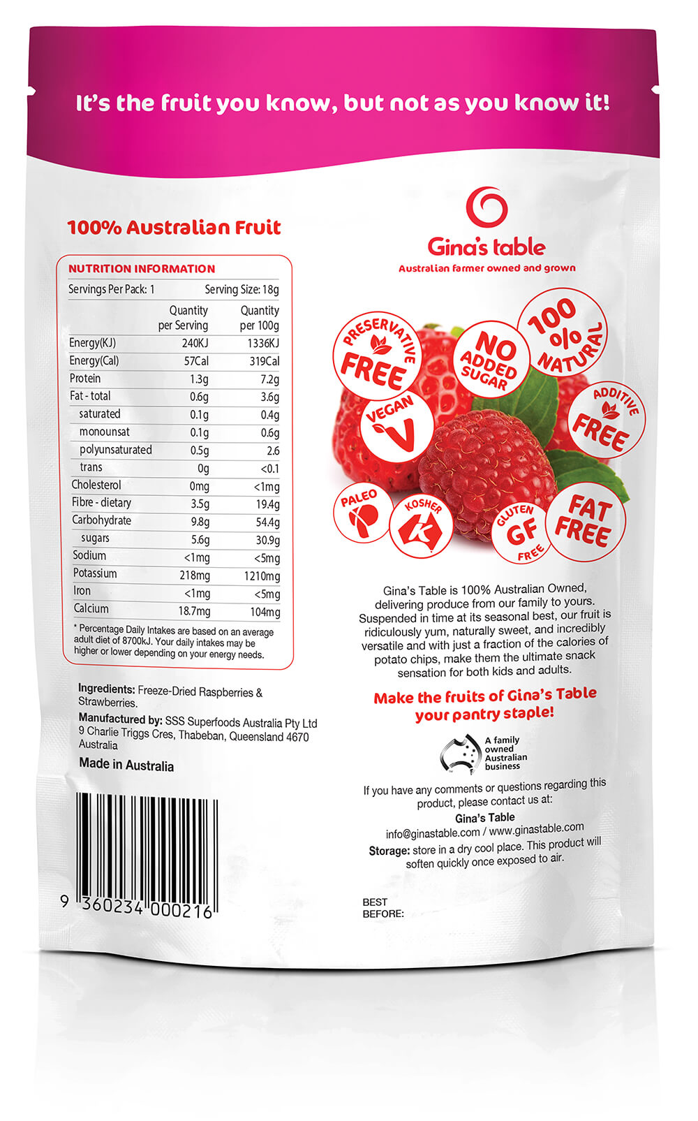 Ingredient list for Freeze Dried Raspberries with Strawberries